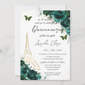 Eiffel Paris Quinceañera Emerald Green Floral Invitation (Front)