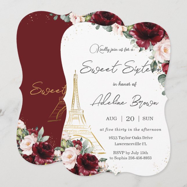 Eiffel Paris Sweet 16 Burgundy Blush Floral Roses Invitation (Front/Back)