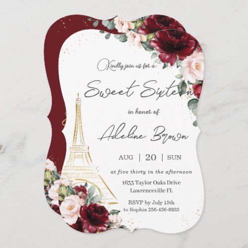 Eiffel Paris Sweet 16 Burgundy Blush Floral Roses Invitation