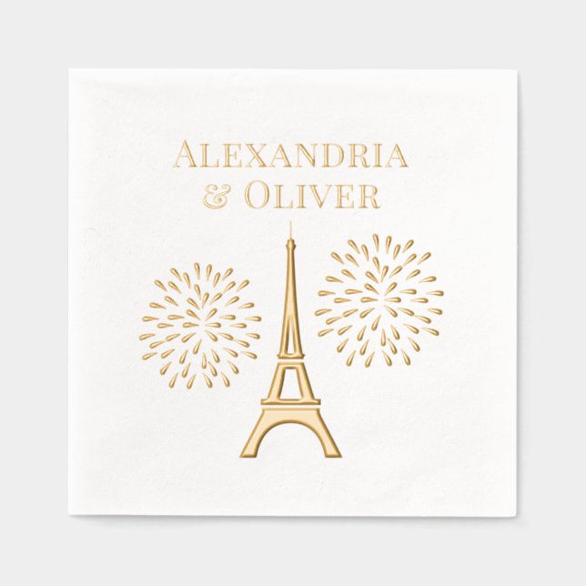 Eiffel Tower #1 Silhouette Fireworks Couple Names Foil Napkins (Front)