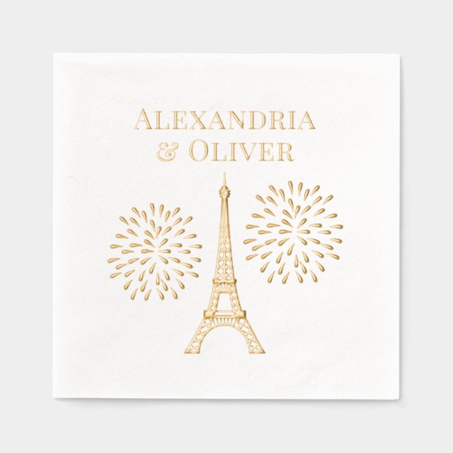 Eiffel Tower #2 Silhouette Fireworks Couple Names Foil Napkins (Front)