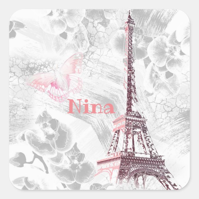 Eiffel tower against the background of orchids square sticker (Front)