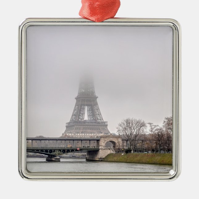 Eiffel Tower and Bir-hakeim bridge on a misty day Metal Ornament (Front)