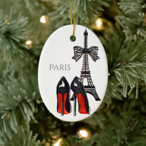 Eiffel Tower and High Heels Red Black Christmas Ceramic Ornament