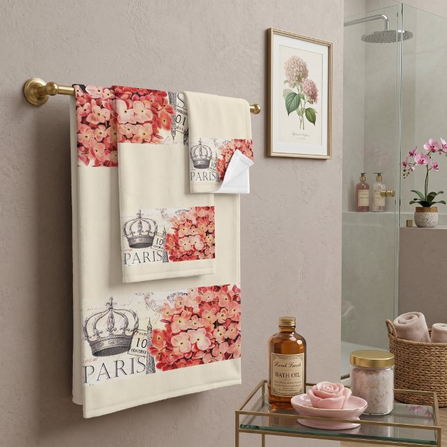 Eiffel Tower and hydrangea  Bath Towel Set (Creator Uploaded)