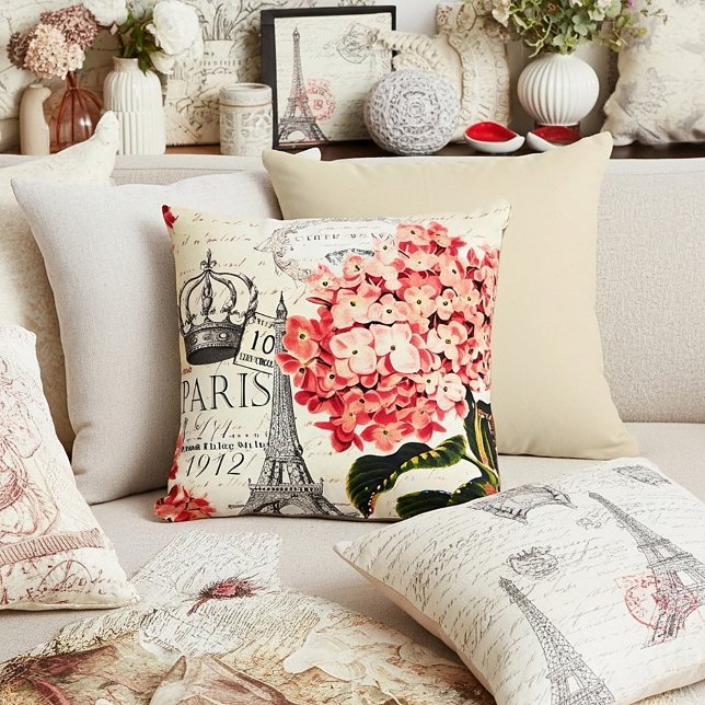 Eiffel Tower and hydrangea  Throw Pillow (Creator Uploaded)