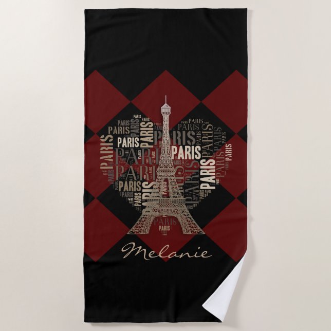 Eiffel Tower and Inscriptions Paris in Heart Beach Towel (Front)