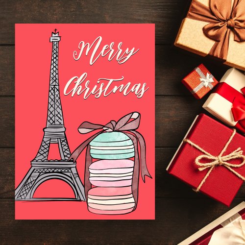 Eiffel Tower and Macarons Warm Merry Christmas Holiday Card