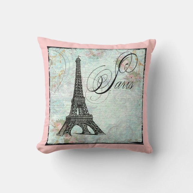 Eiffel Tower and Pink Roses Throw Pillow (Front)