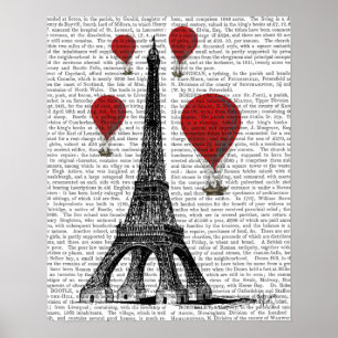 Eiffel Tower and Red Hot Air Balloons Poster
