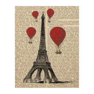 Eiffel Tower and Red Hot Air Balloons Wood Wall Art