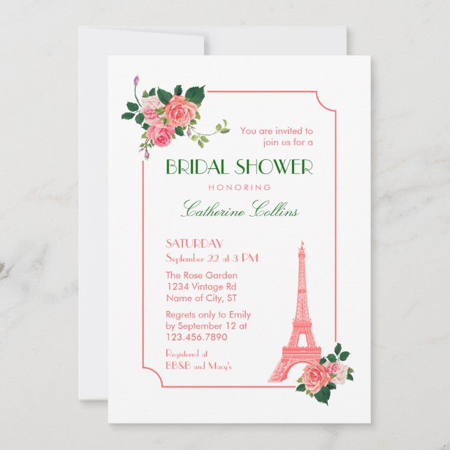 Eiffel Tower and Roses Bridal Shower Invitation (Front)