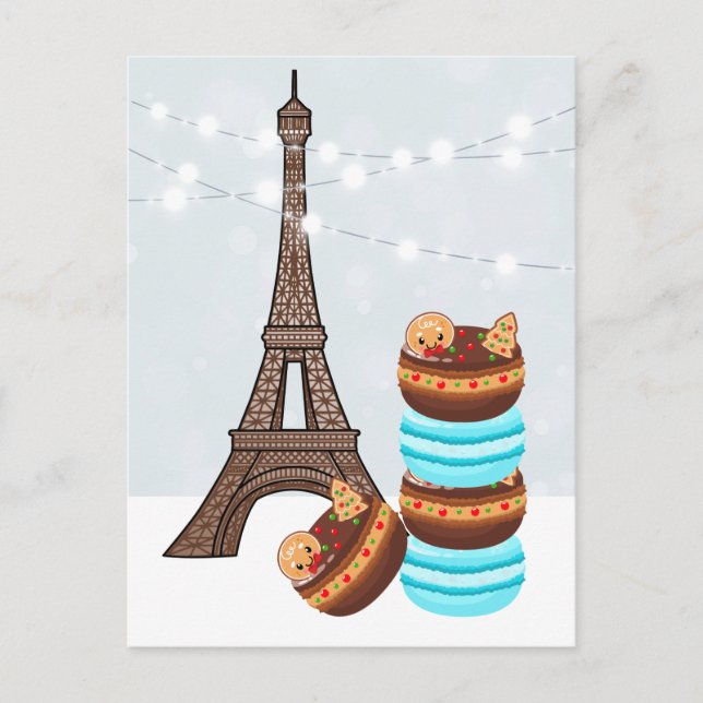 Eiffel Tower and Winter Macarons Christmas  Holiday Postcard (Front)