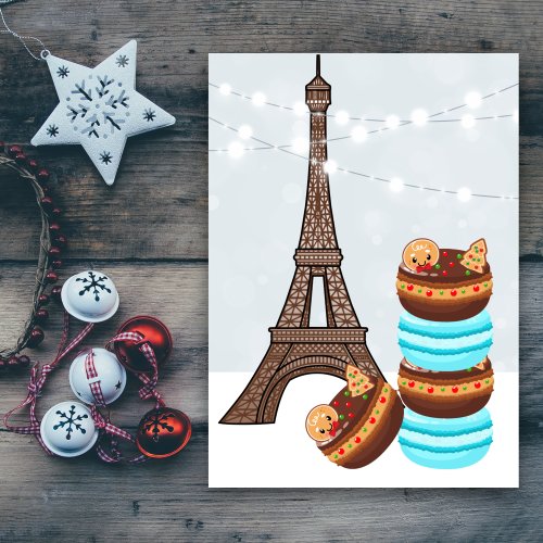 Eiffel Tower and Winter Macaroons Christmas Holiday Card