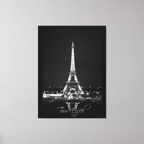 Eiffel Tower at Night BW on Wrapped Canvas