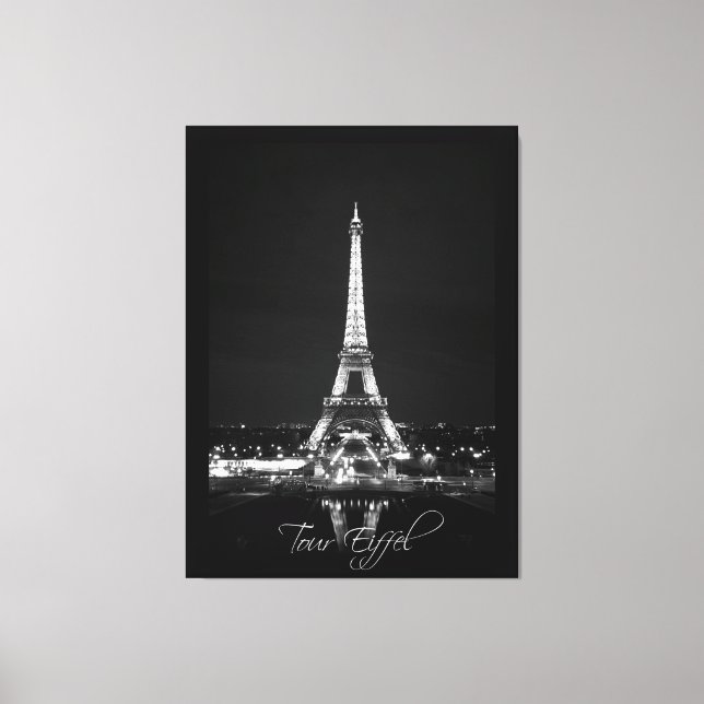 Eiffel Tower at Night B&W on Wrapped Canvas Print (Front)