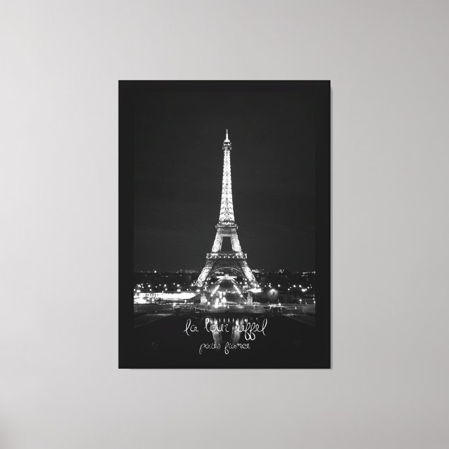 Eiffel Tower at Night B&W on Wrapped Canvas Print (Front)