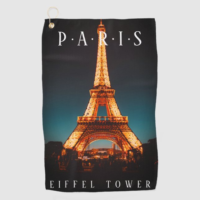 Eiffel Tower At Night, Paris, DIY White Text Golf Towel (Front)