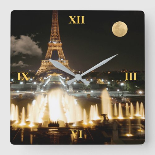 Eiffel Tower at Night Square Wall Clock