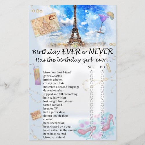 Eiffel tower Birthday ever or never game