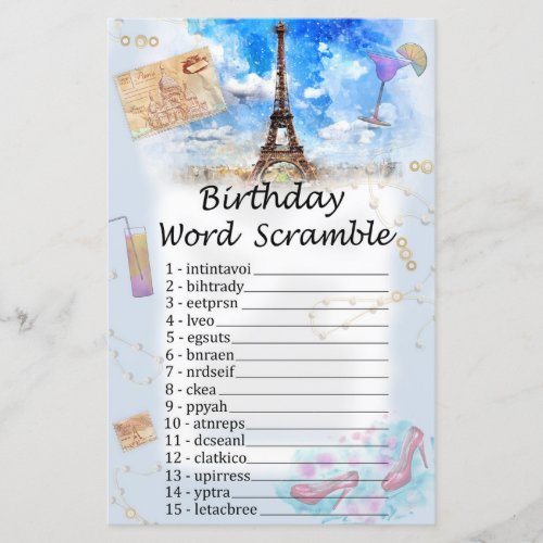 Eiffel tower Birthday Word Scramble Game