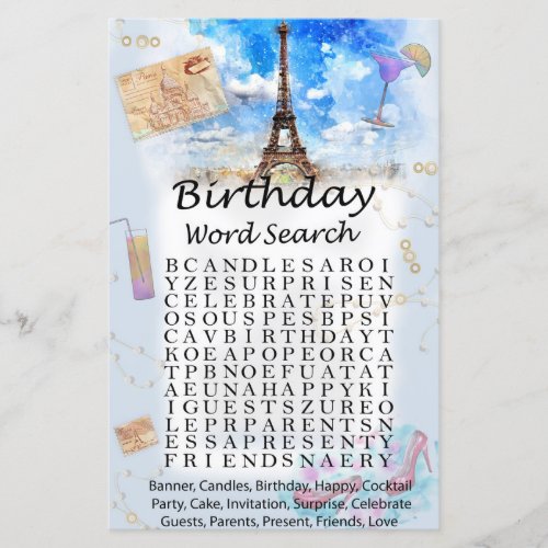 Eiffel tower Birthday word search game