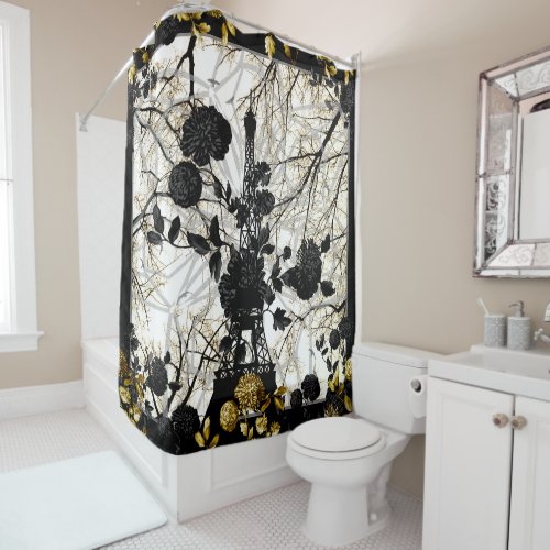 Eiffel Tower Black Gold Floral Birds Trees Shower Curtain