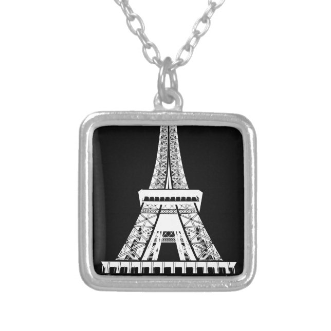 Eiffel Tower Black White Image Silver Plated Necklace (Front)