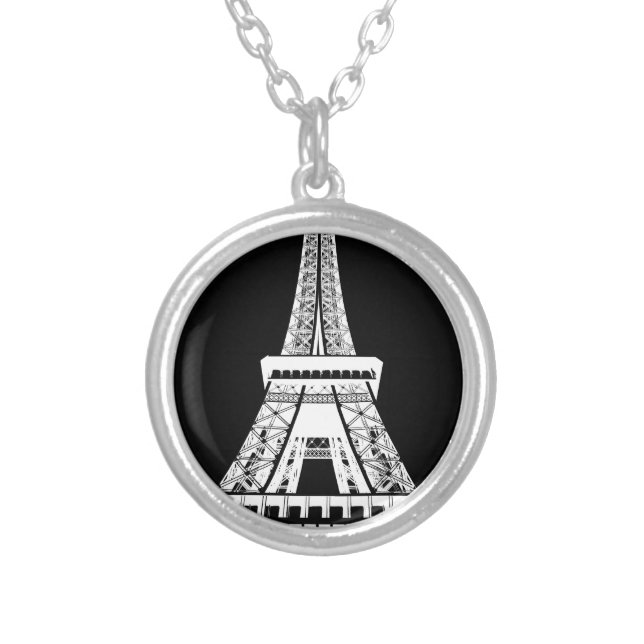 Eiffel Tower Black White Image Silver Plated Necklace (Front)
