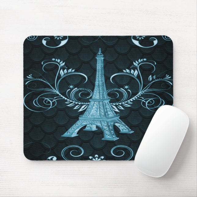 Eiffel Tower Blue Floral Swirl Mouse Pad (With Mouse)