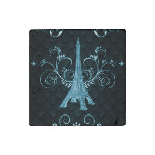 Eiffel Tower Blue Floral Swirl Stone Magnet