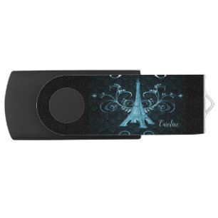 Eiffel Tower Blue Floral Swirls Flash Drive