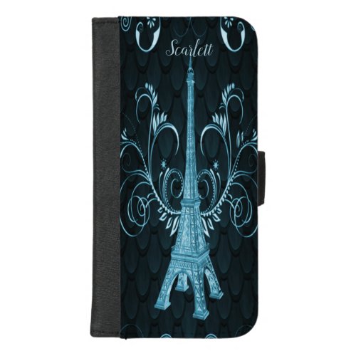 Eiffel Tower Blue Floral Swirls iPhone Wallet Case