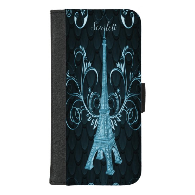 Eiffel Tower Blue Floral Swirls iPhone Wallet Case (Front)