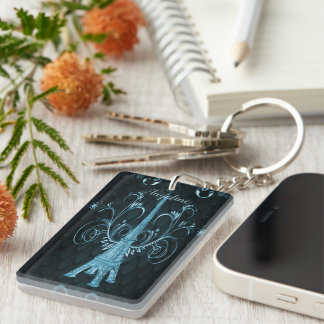 Eiffel Tower Blue Floral Swirls Keychain