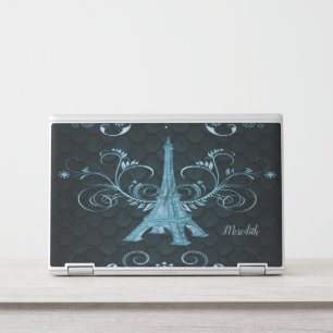 Eiffel Tower Blue Floral Swirls Laptop Skin