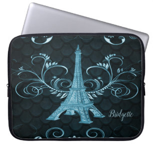 Eiffel Tower Blue Floral Swirls Laptop Sleeve