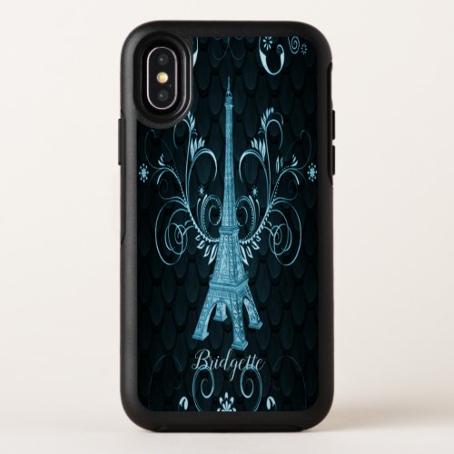 Eiffel Tower Blue Floral Swirls OtterBox Symmetry iPhone XS Case