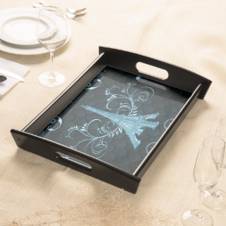 Eiffel Tower Blue Floral Swirls Serving Tray