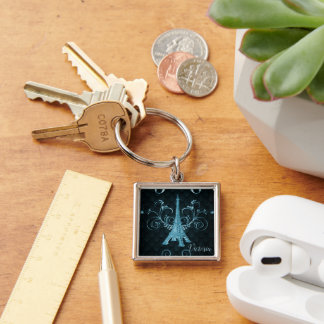 Eiffel Tower Blue Floral Swirls Square Keychain