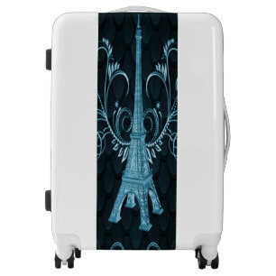 Eiffel Tower Blue Floral Swirls Suitcase