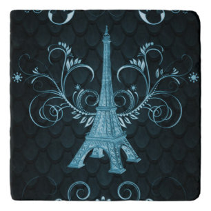 Eiffel Tower Blue Floral Swirls Trivet