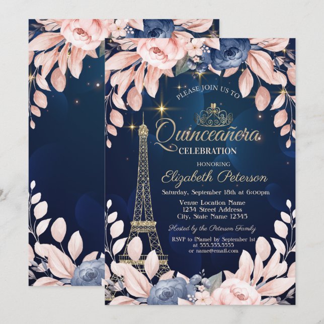 Eiffel Tower,Blue Flowers,Navy Blue Quinceañera Invitation (Front/Back)
