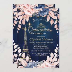 Eiffel Tower,Blue Flowers,Navy Blue Quinceañera Invitation
