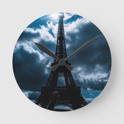 Eiffel Tower Blue Night Round Clock