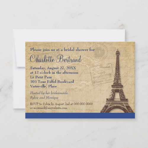 Eiffel Tower Blue Parisian Bridal Shower Invitations