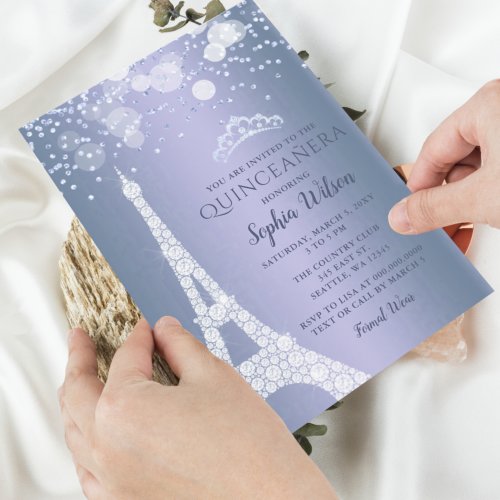 Eiffel Tower Blue Sparkle Glitter Quinceaera Invitation