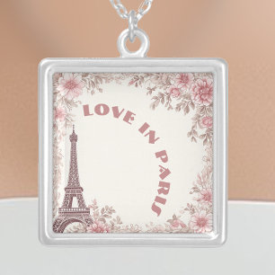 Eiffel Tower Blush Pink Rustic Love in Paris Bride Silver Plated Necklace