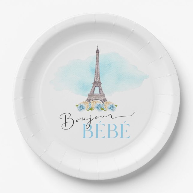 Eiffel Tower Bonjour Bébé Baby Shower Paper Plates (Front)