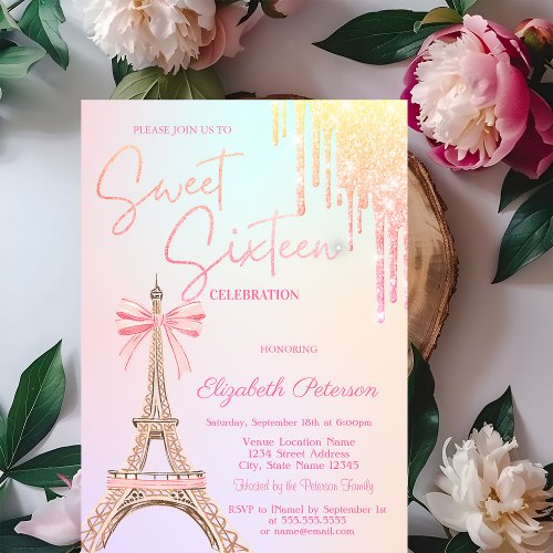 Eiffel Tower Bow Glitter Drips  Sweet 16   Invitation